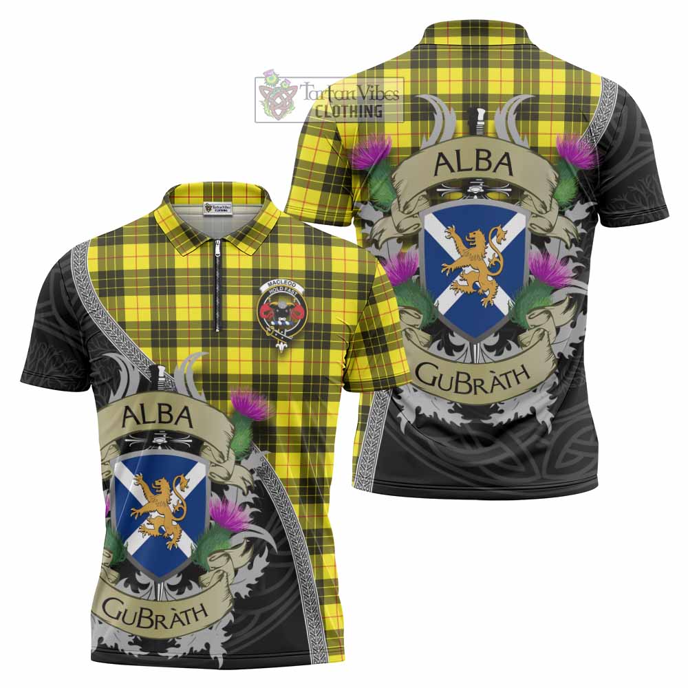 Tartan Vibes Clothing MacLeod (McLeod) Tartan Family Crest Zipper Polo Shirt Lion Rampant Royal Thistle Shield Celtic Inspired