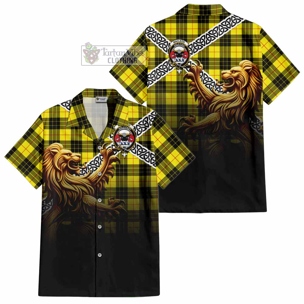 Tartan Vibes Clothing MacLeod (McLeod) Crest Tartan Short Sleeve Button Shirt with Golden Lion Emblem Celtic Style