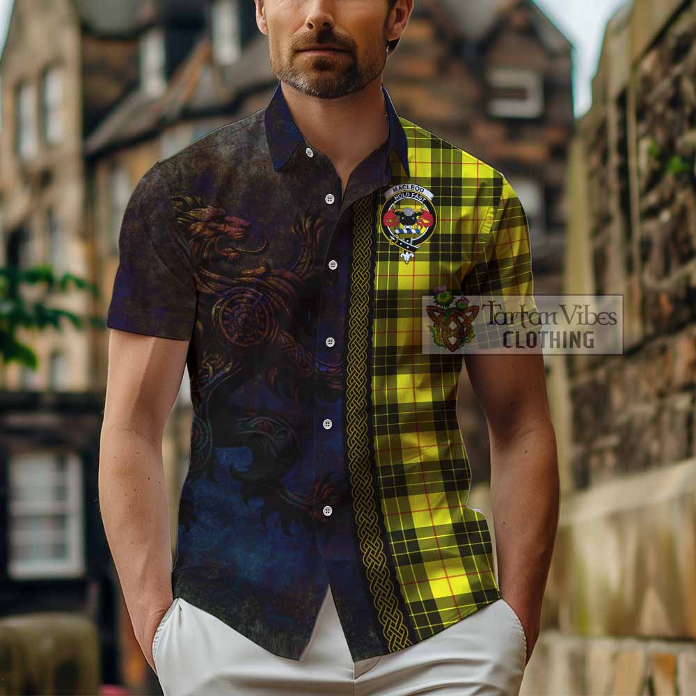 Tartan Vibes Clothing MacLeod (McLeod) Tartan Family Crest Short Sleeve Button Shirt Alba Gu Brath Be Brave Lion Ancient Style