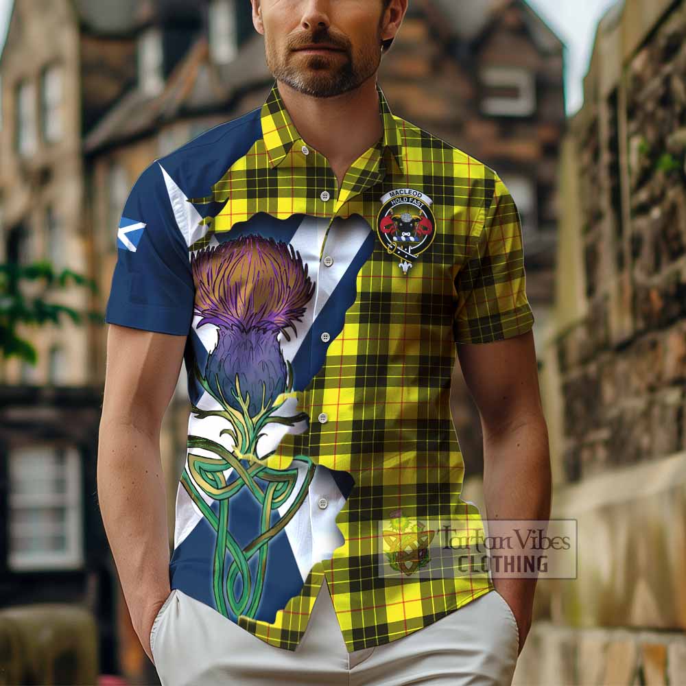 Tartan Vibes Clothing MacLeod (McLeod) Tartan Family Crest Short Sleeve Button Shirt Scottish Thistle Celtic Inspired