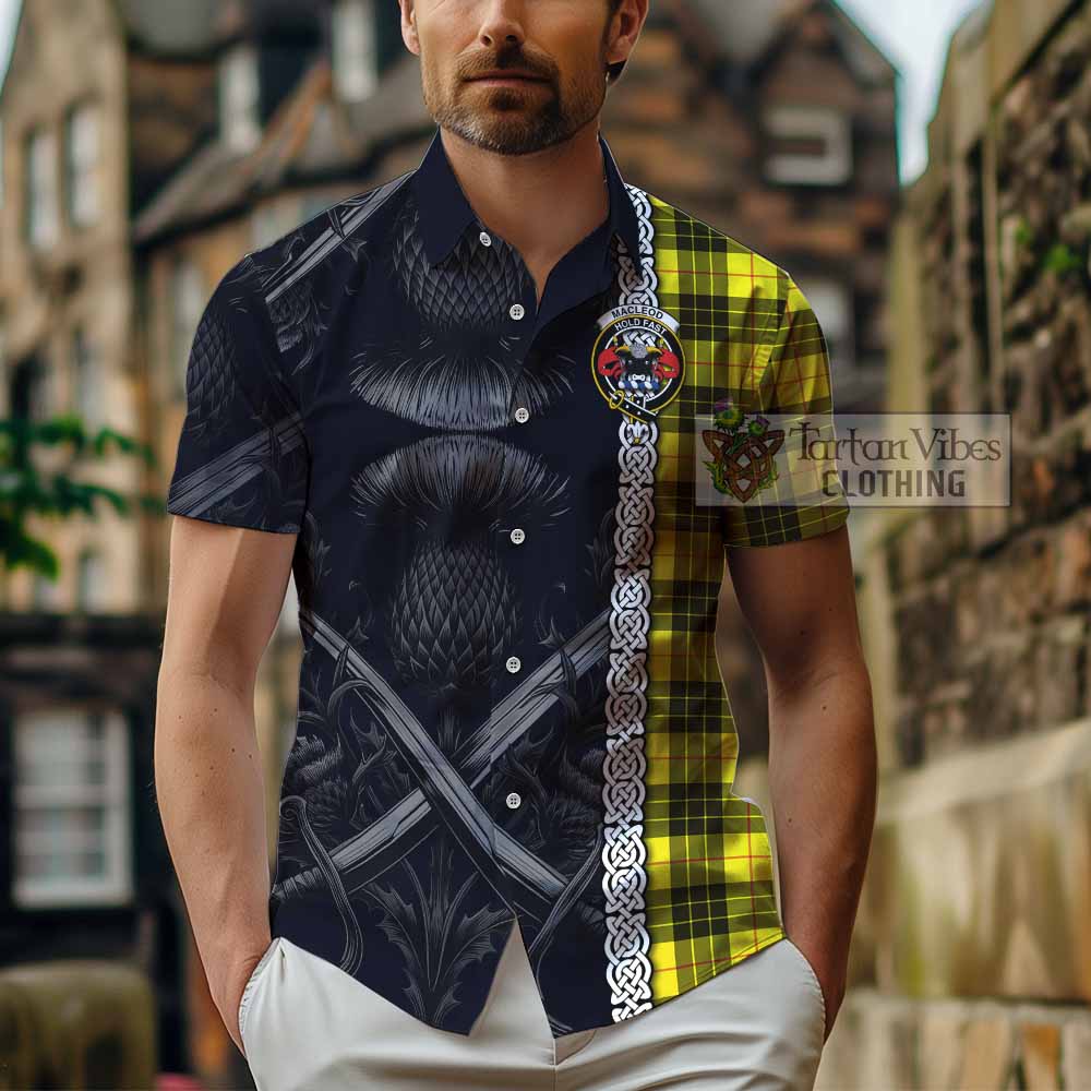 Tartan Vibes Clothing MacLeod (McLeod) Tartan Short Sleeve Button Shirt with Family Crest Cross Sword Thistle Celtic Vibes