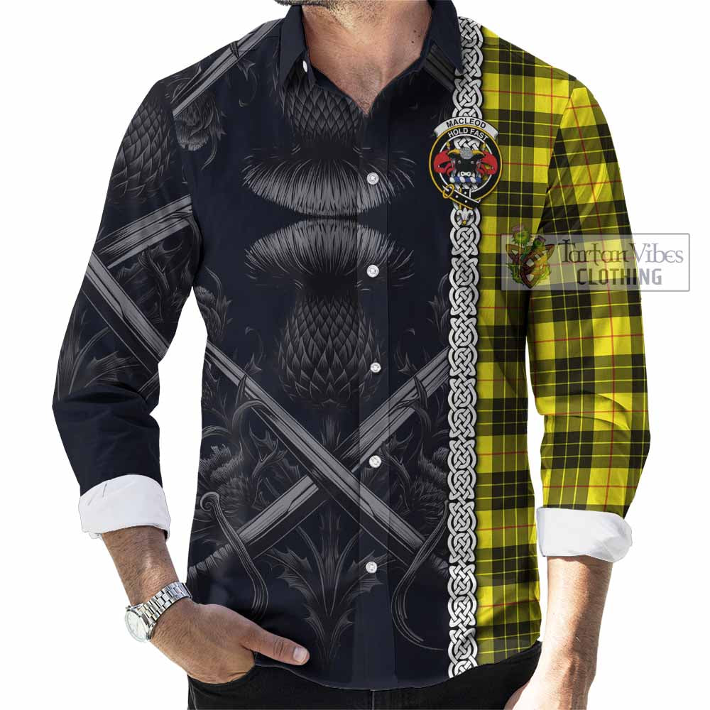 Tartan Vibes Clothing MacLeod (McLeod) Tartan Long Sleeve Button Shirt with Family Crest Cross Sword Thistle Celtic Vibes