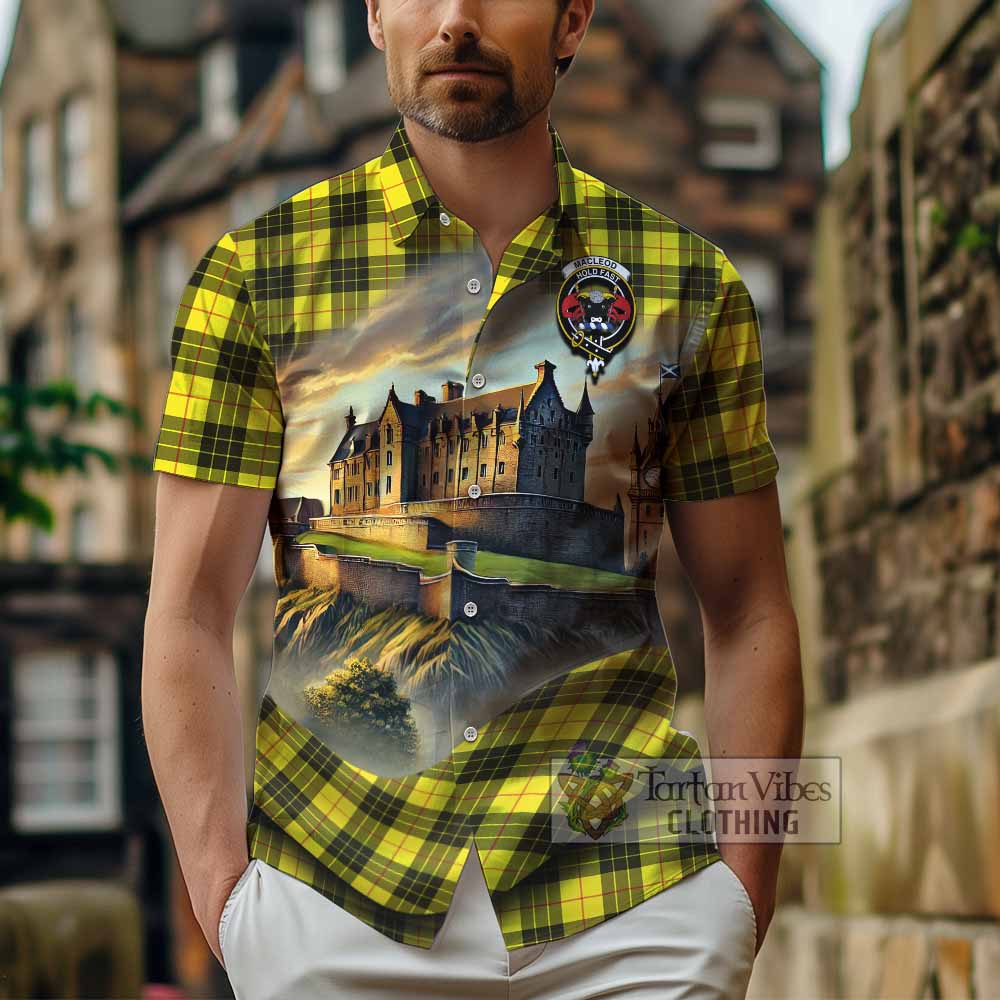 Tartan Vibes Clothing MacLeod (McLeod) Tartan Family Crest Short Sleeve Button Shirt with Scottish Ancient Castle Style