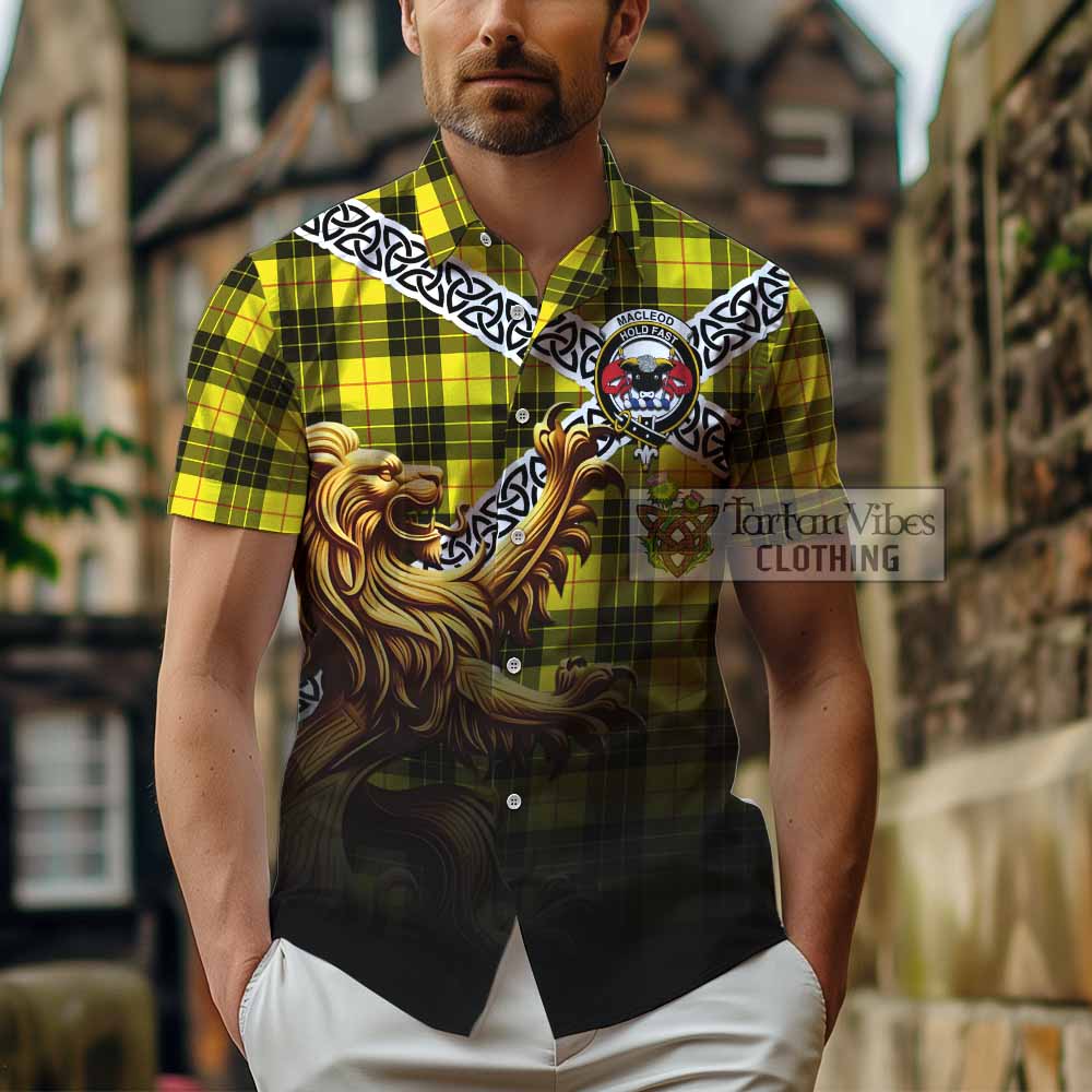 Tartan Vibes Clothing MacLeod (McLeod) Crest Tartan Short Sleeve Button Shirt with Golden Lion Emblem Celtic Style