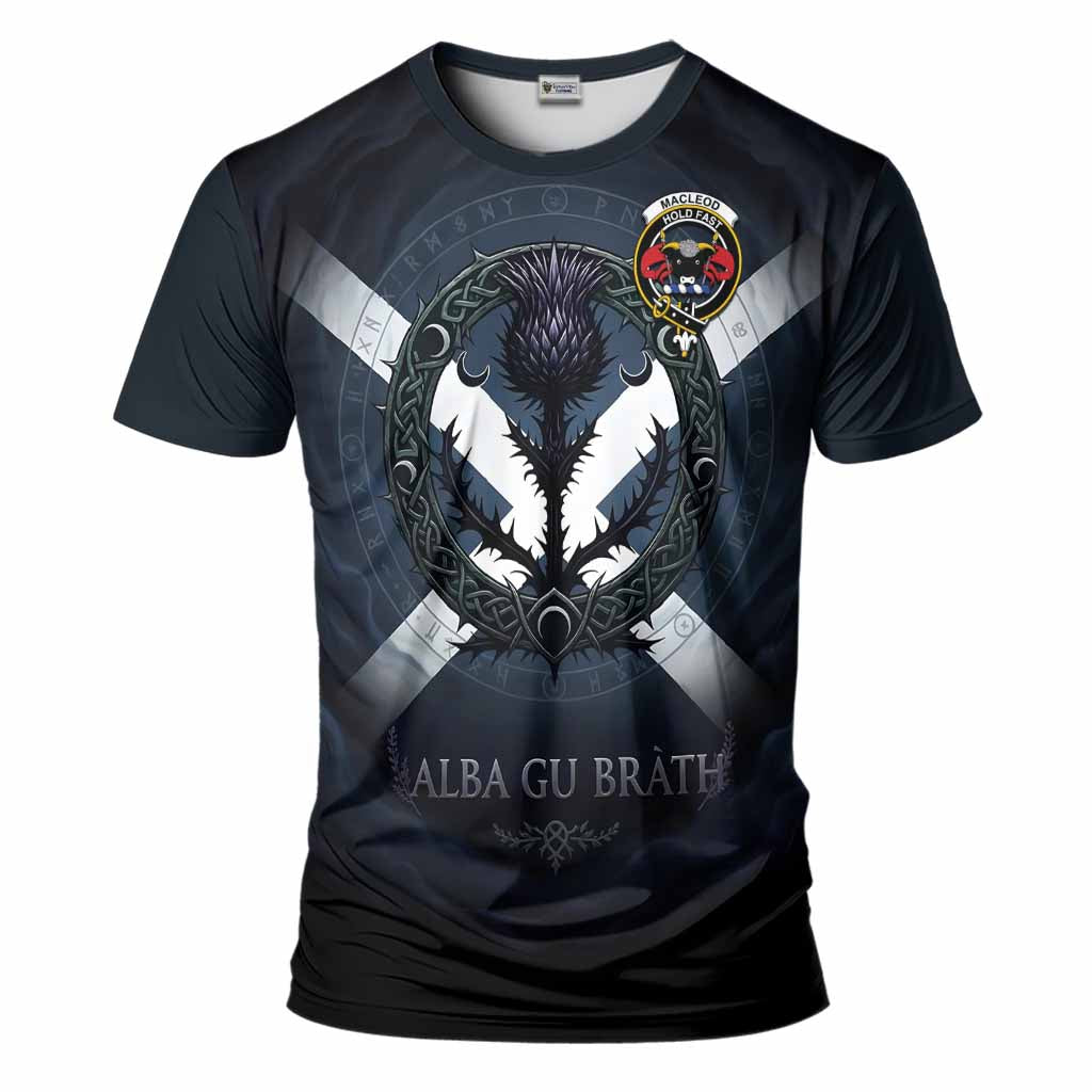 MacLeod (McLeod) Clan Crest T-Shirt with Celtic Knot Thistle and Saltire