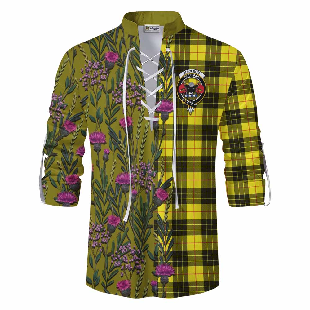 MacLeod (McLeod) Family Crest Tartan Ghillie Shirt Scottish Thistle Flower Pattern Half Style - Tartan Vibes Clothing