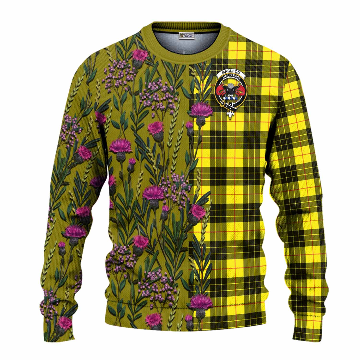 MacLeod (McLeod) Family Crest Tartan Knitted Sweater Scottish Thistle Flower Pattern Half Style - Tartan Vibes Clothing