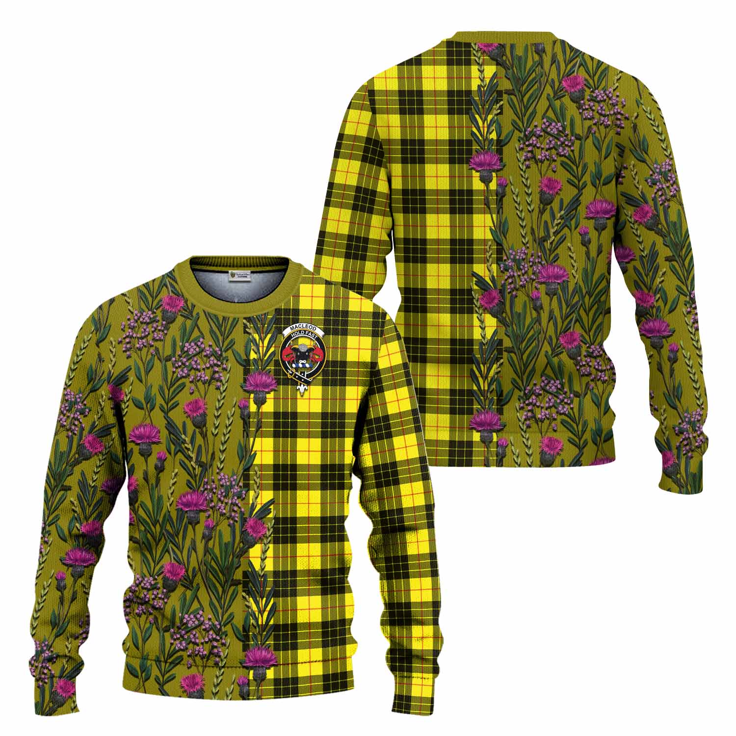 MacLeod (McLeod) Family Crest Tartan Knitted Sweater Scottish Thistle Flower Pattern Half Style - Tartan Vibes Clothing