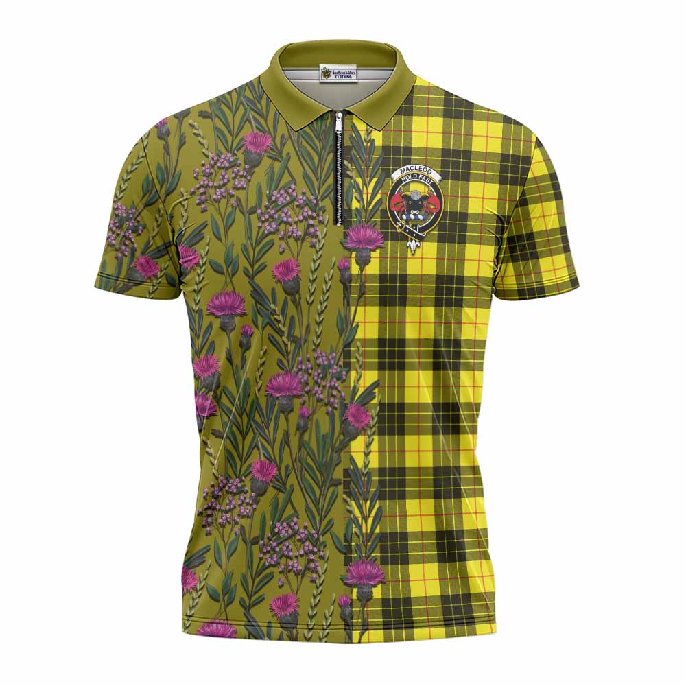 MacLeod (McLeod) Family Crest Tartan Zipper Polo Shirt Scottish Thistle Flower Pattern Half Style - Tartan Vibes Clothing