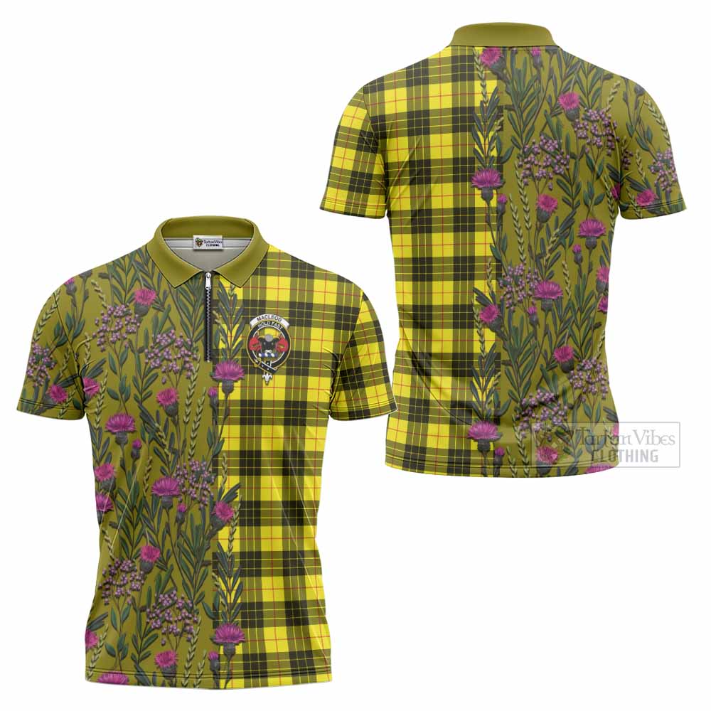 MacLeod (McLeod) Family Crest Tartan Zipper Polo Shirt Scottish Thistle Flower Pattern Half Style - Tartan Vibes Clothing