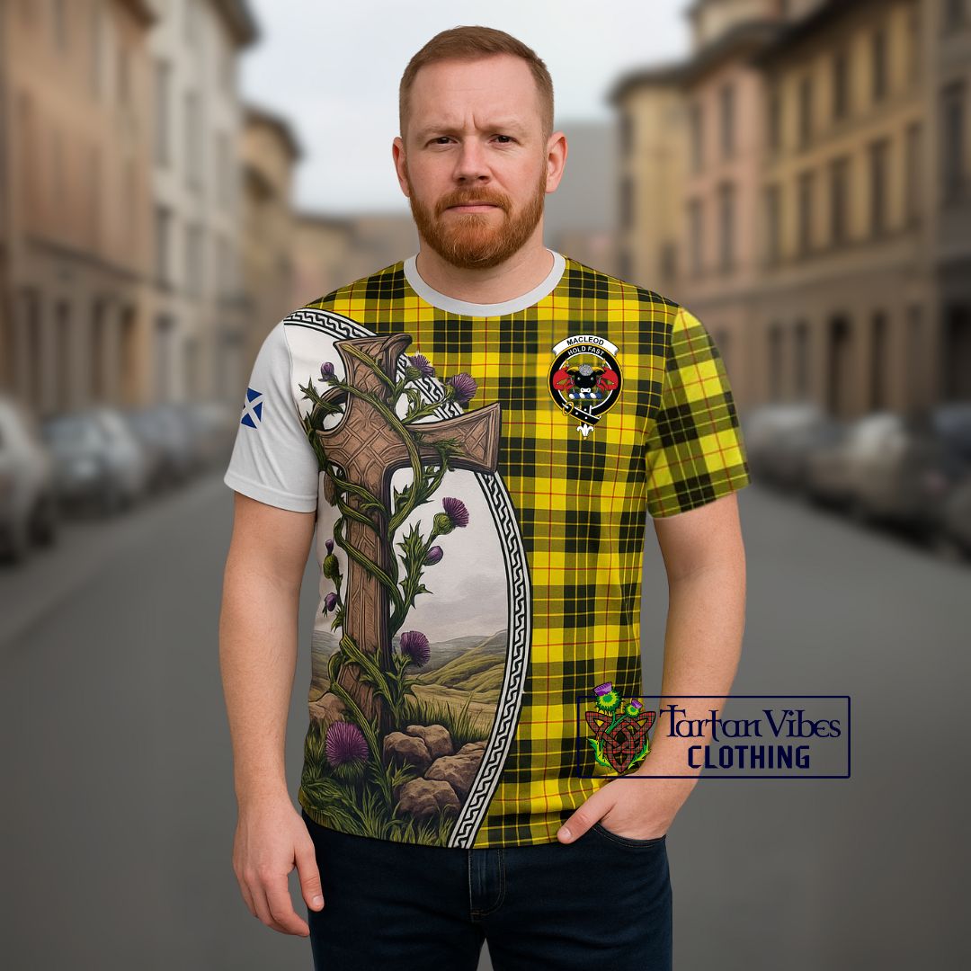 MacLeod (McLeod) Tartan Cotton T-shirt with Family Crest and St. Andrew's Cross Accented by Thistle Vines