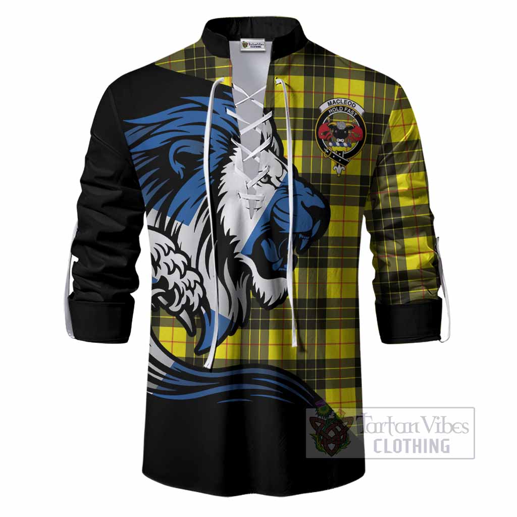 MacLeod (McLeod) Tartan Crest Ghillie Shirt Scottish Golden Lions Wave Flow