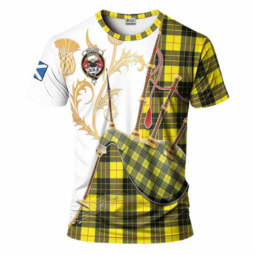 MacLeod (McLeod) Tartan Family Crest T-Shirt Bagpipes with Scottish Thistle