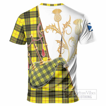 MacLeod (McLeod) Tartan Family Crest T-Shirt Bagpipes with Scottish Thistle