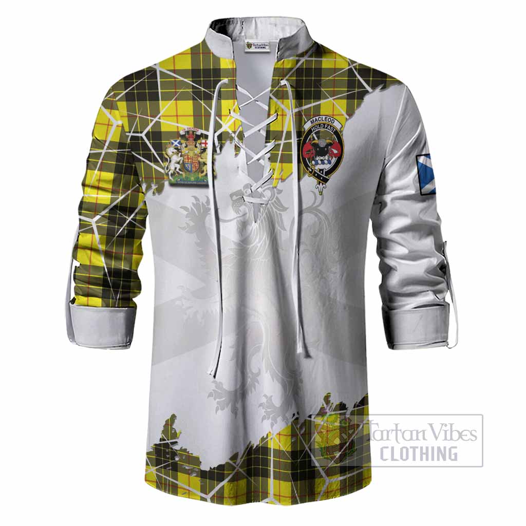 MacLeod (McLeod) Tartan Ghillie Shirt with Family Crest and Lion Rampant Grunge Style