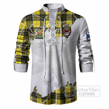 MacLeod (McLeod) Tartan Ghillie Shirt with Family Crest and Lion Rampant Grunge Style
