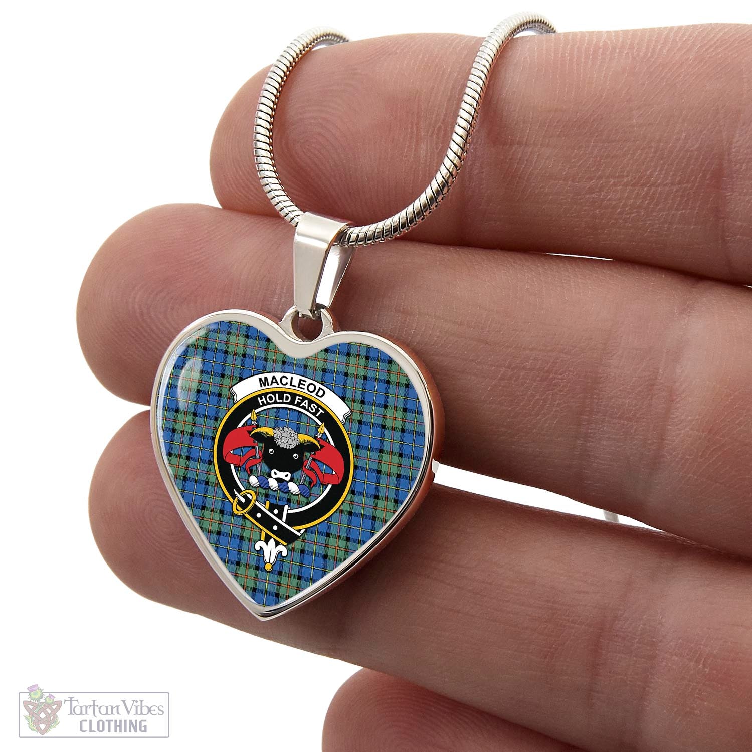 Tartan Vibes Clothing MacLeod of Harris Ancient Tartan Heart Necklace with Family Crest