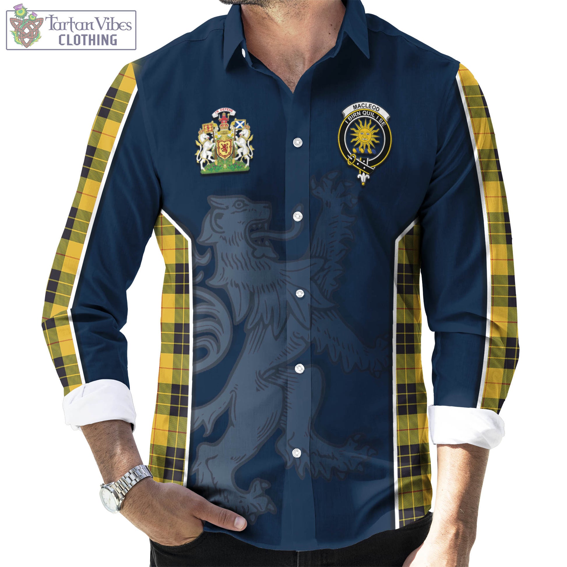 Tartan Vibes Clothing MacLeod of Lewis Ancient Tartan Long Sleeve Button Up Shirt with Family Crest and Lion Rampant Vibes Sport Style