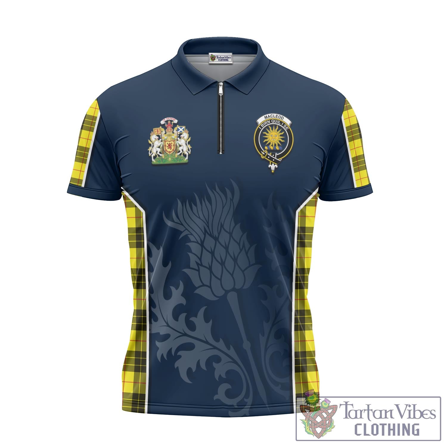 Tartan Vibes Clothing MacLeod of Lewis Modern Tartan Zipper Polo Shirt with Family Crest and Scottish Thistle Vibes Sport Style