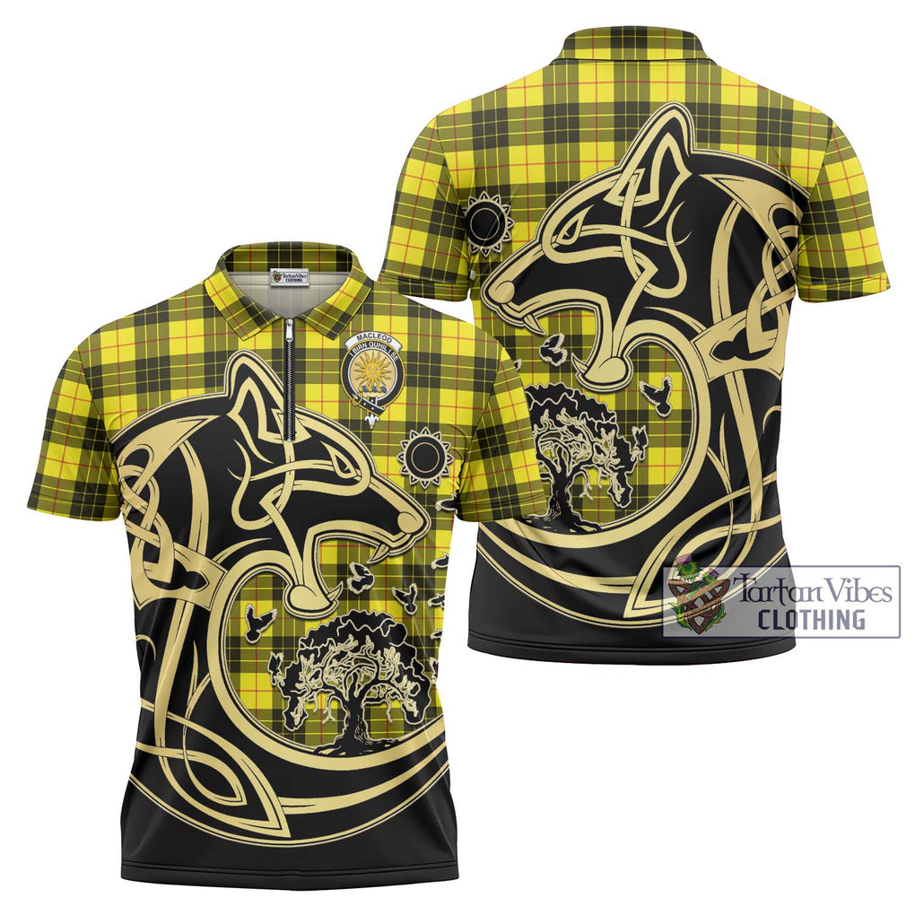 MacLeod (McLeod) Tartan Zipper Polo Shirt with Family Crest Celtic Wolf Style Unisex - Tartanvibesclothing Shop