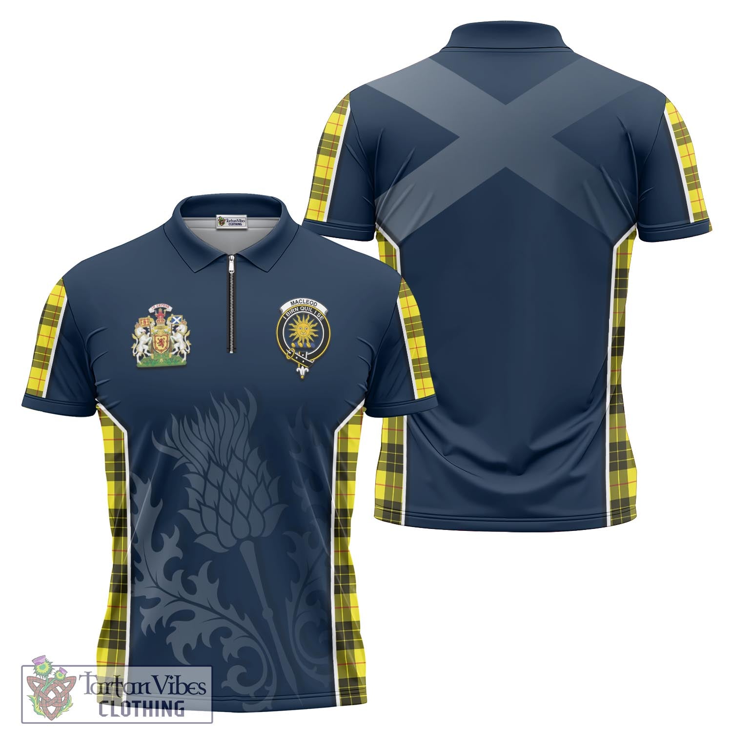Tartan Vibes Clothing MacLeod of Lewis Modern Tartan Zipper Polo Shirt with Family Crest and Scottish Thistle Vibes Sport Style