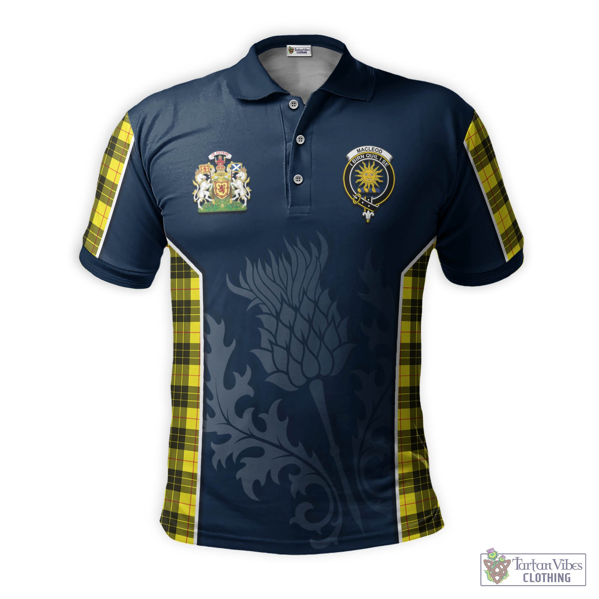 Tartan Vibes Clothing MacLeod of Lewis Modern Tartan Men's Polo Shirt with Family Crest and Scottish Thistle Vibes Sport Style