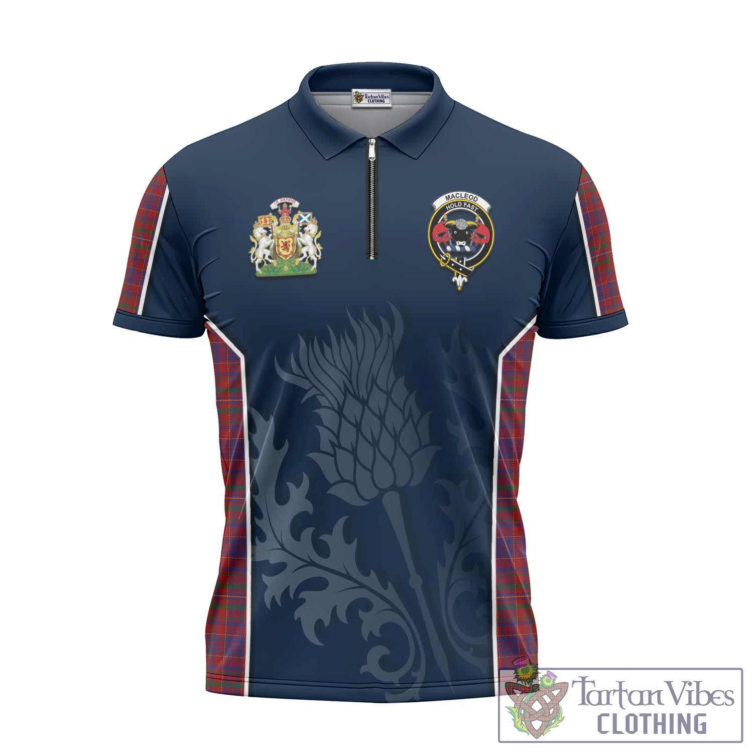 Tartan Vibes Clothing MacLeod Red Tartan Zipper Polo Shirt with Family Crest and Scottish Thistle Vibes Sport Style