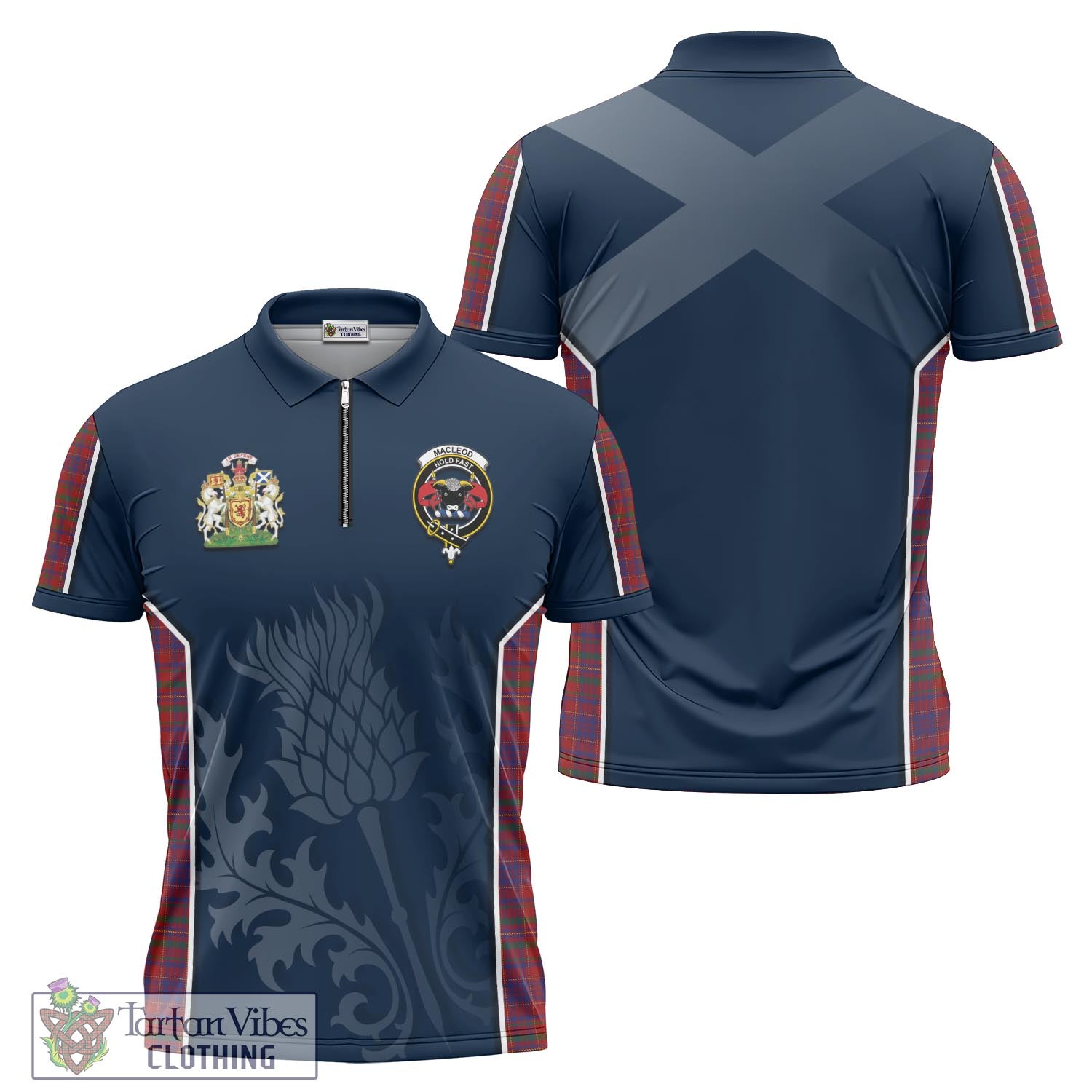 Tartan Vibes Clothing MacLeod Red Tartan Zipper Polo Shirt with Family Crest and Scottish Thistle Vibes Sport Style
