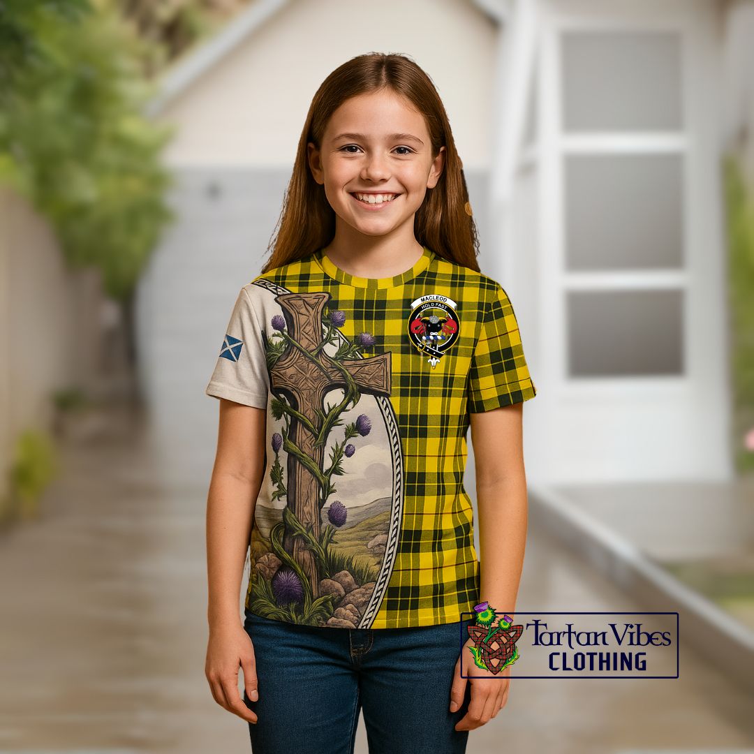 MacLeod (McLeod) Tartan Kid T-Shirt with Family Crest and St. Andrew's Cross Accented by Thistle Vines
