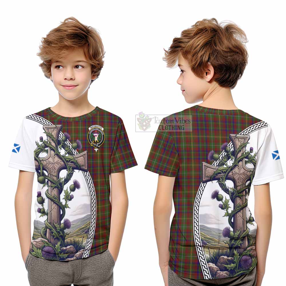 MacMaster (McMaster) Tartan Kid T-Shirt with Family Crest and St. Andrew's Cross Accented by Thistle Vines Youth XL Size14 - Tartan Vibes Clothing