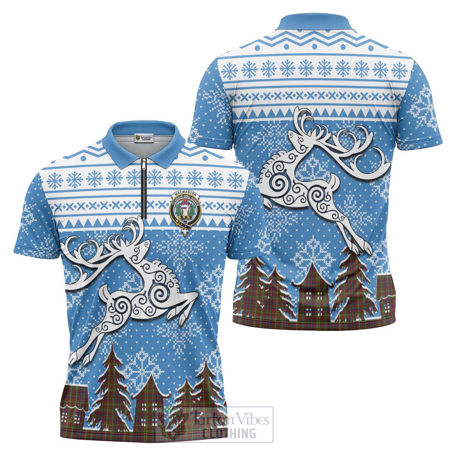 MacMaster (McMaster) Clan Christmas Zipper Polo Shirt Celtic Reindeer Style Unisex - Tartan Vibes Clothing