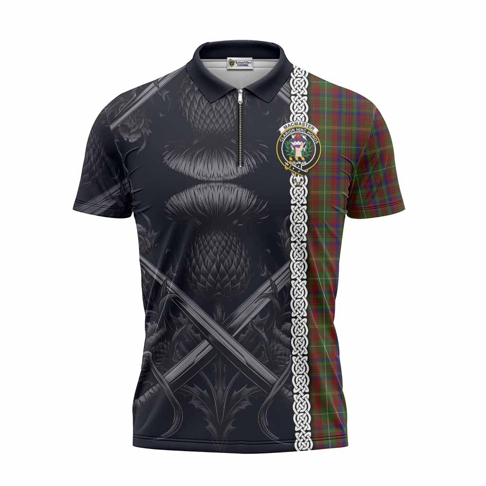 MacMaster (McMaster) Tartan Zipper Polo Shirt with Family Crest Cross Sword Thistle Celtic Vibes Unisex - Tartan Vibes Clothing