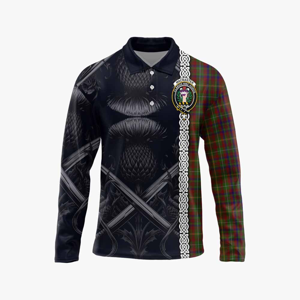MacMaster (McMaster) Tartan Long Sleeve Polo Shirt with Family Crest Cross Sword Thistle Celtic Vibes Unisex - Tartan Vibes Clothing