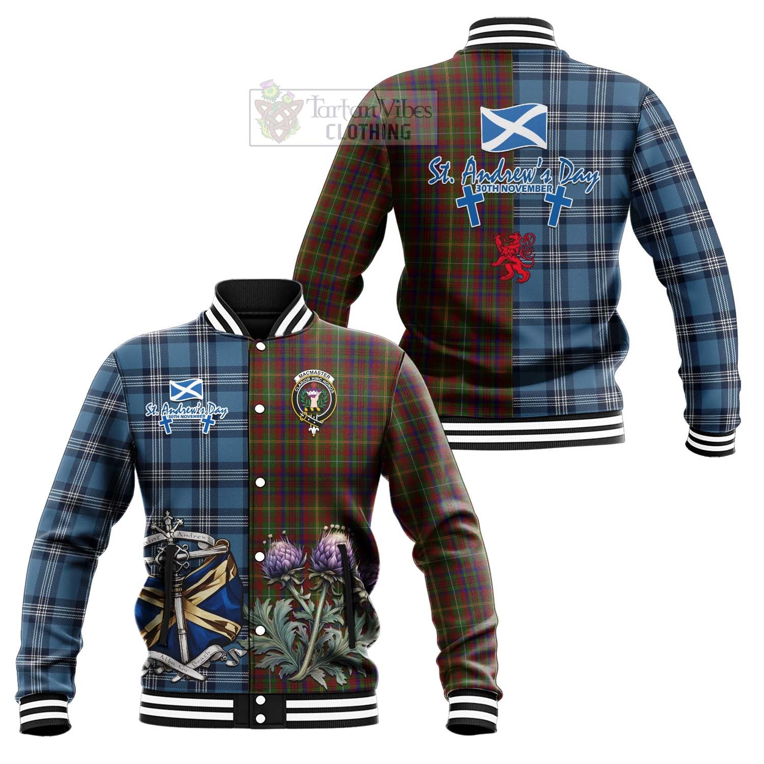 MacMaster (McMaster) Tartan Baseball Jacket Happy St. Andrew's Day Half Tartan Style Unisex - Tartan Vibes Clothing
