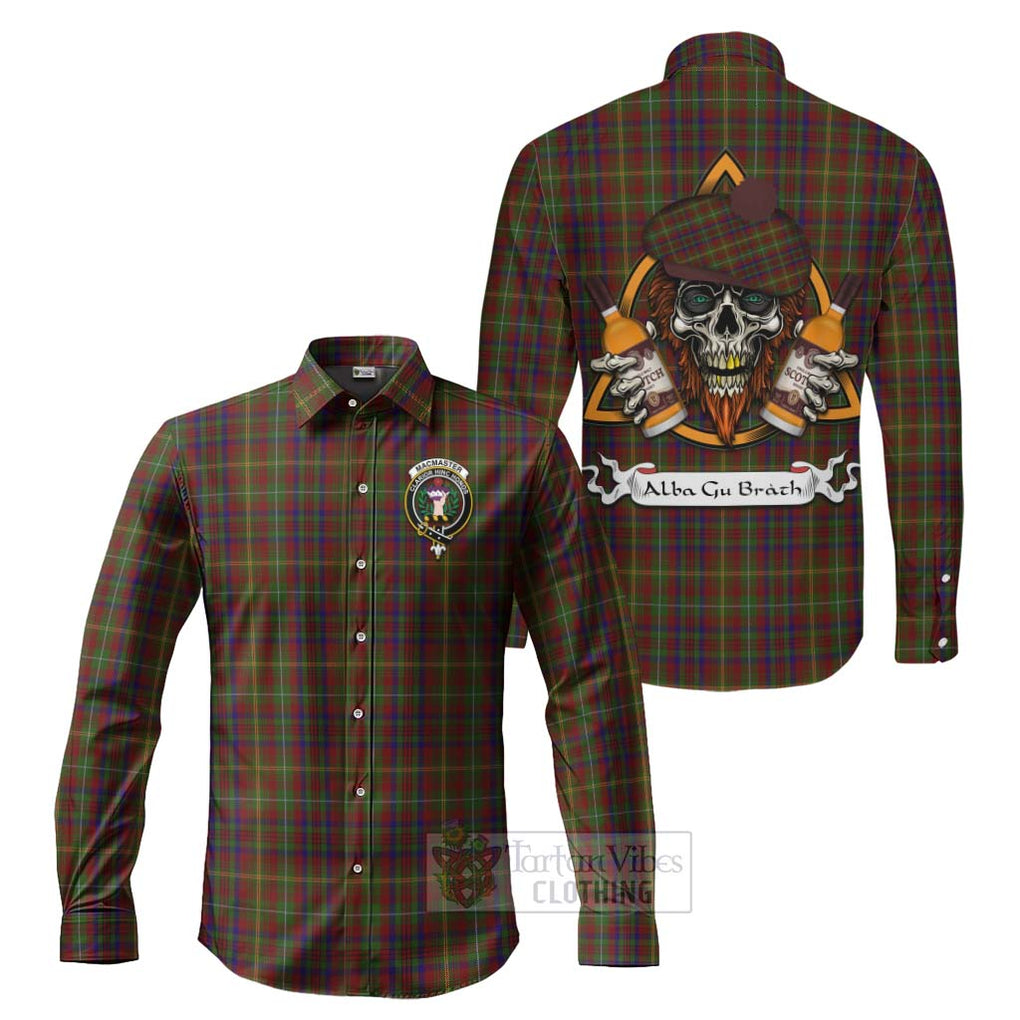 MacMaster (McMaster) Tartan Long Sleeve Button Shirt with Family Crest and Bearded Skull Holding Bottles of Whiskey Men's Shirt S - Tartan Vibes Clothing