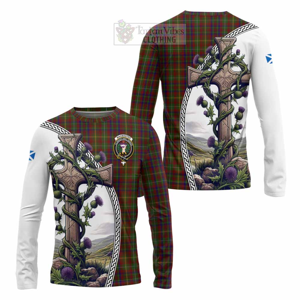 MacMaster (McMaster) Tartan Long Sleeve T-Shirt with Family Crest and St. Andrew's Cross Accented by Thistle Vines Unisex - Tartan Vibes Clothing