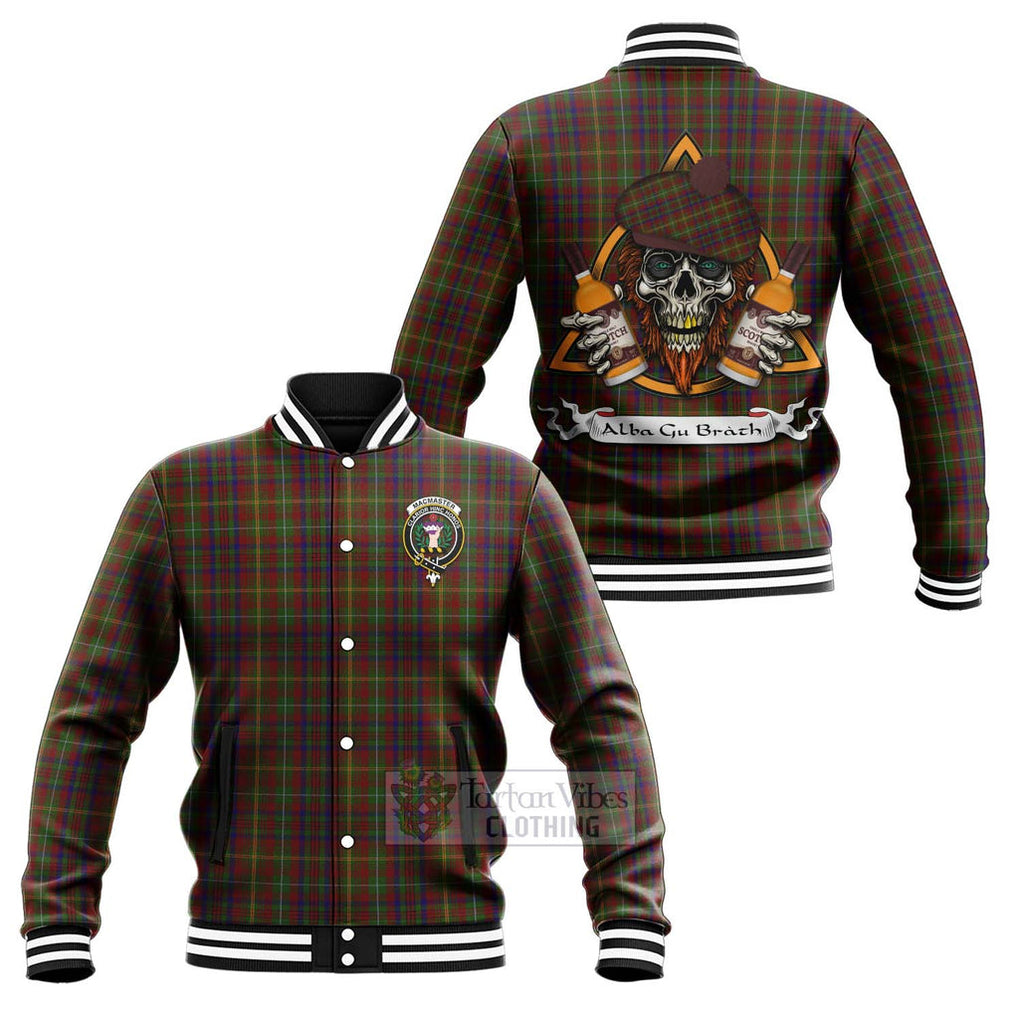 MacMaster (McMaster) Tartan Baseball Jacket with Family Crest and Bearded Skull Holding Bottles of Whiskey Unisex - Tartan Vibes Clothing