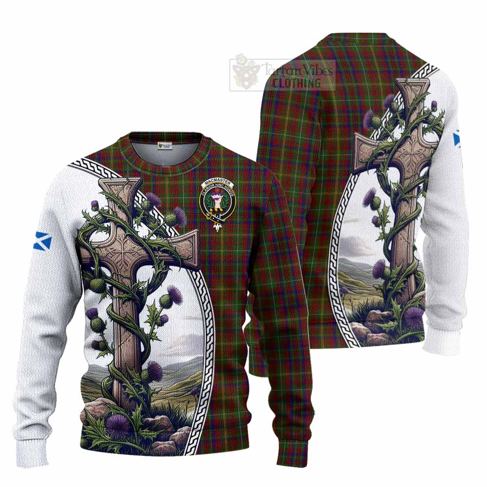 MacMaster (McMaster) Tartan Knitted Sweater with Family Crest and St. Andrew's Cross Accented by Thistle Vines Unisex - Tartan Vibes Clothing