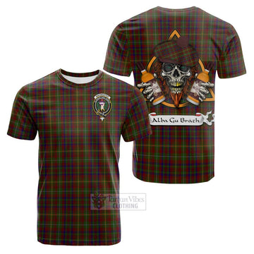 Tartan Vibes Clothing MacMaster (McMaster) Tartan Cotton T-shirt with Family Crest and Bearded Skull Holding Bottles of Whiskey