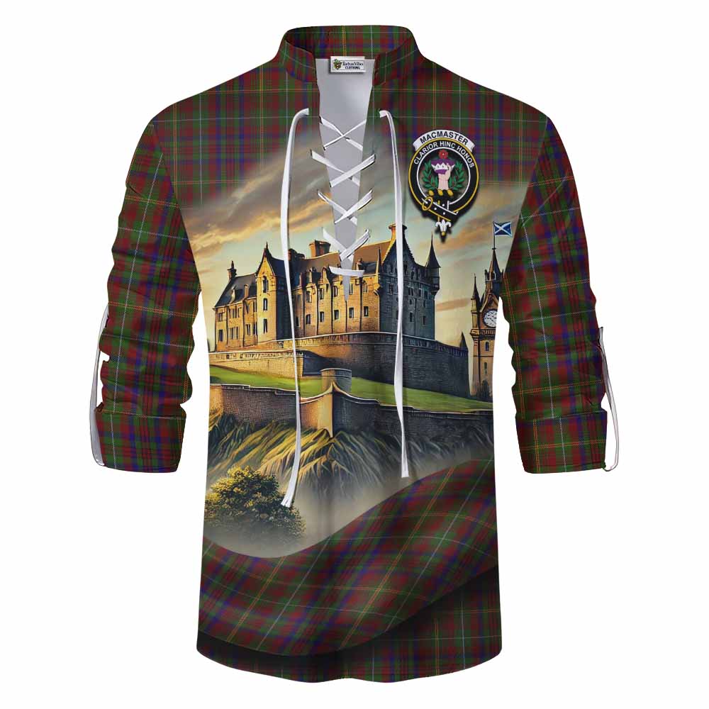 MacMaster (McMaster) Tartan Family Crest Ghillie Kilt Shirt with Scottish Ancient Castle Style Men - Tartan Vibes Clothing