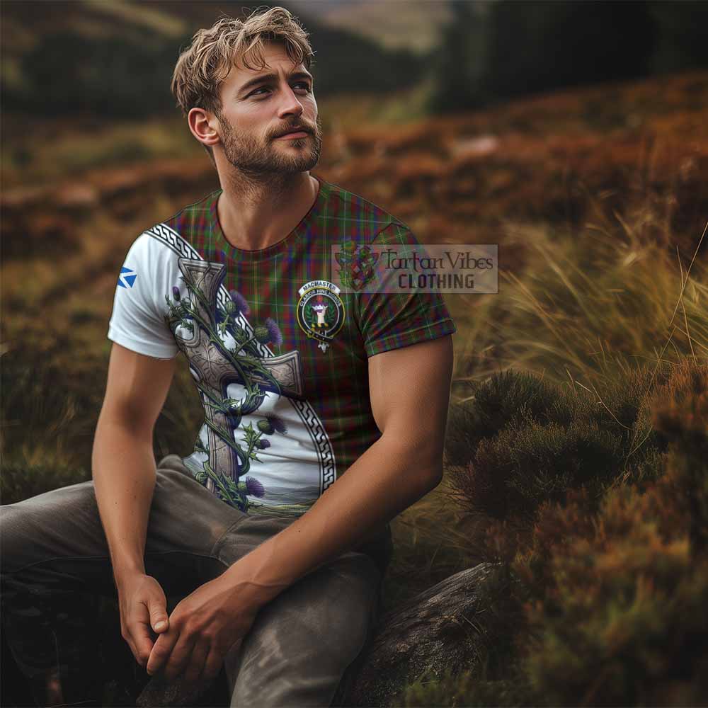 MacMaster (McMaster) Tartan T-Shirt with Family Crest and St. Andrew's Cross Accented by Thistle Vines - Tartan Vibes Clothing