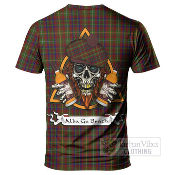 MacMaster (McMaster) Tartan T-Shirt with Family Crest and Bearded Skull Holding Bottles of Whiskey - Tartan Vibes Clothing