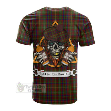 Tartan Vibes Clothing MacMaster (McMaster) Tartan Cotton T-shirt with Family Crest and Bearded Skull Holding Bottles of Whiskey