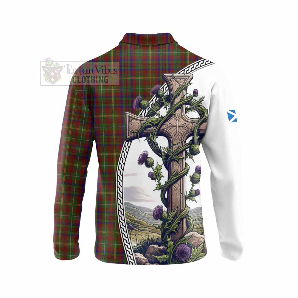 MacMaster (McMaster) Tartan Long Sleeve Polo Shirt with Family Crest and St. Andrew's Cross Accented by Thistle Vines - Tartan Vibes Clothing