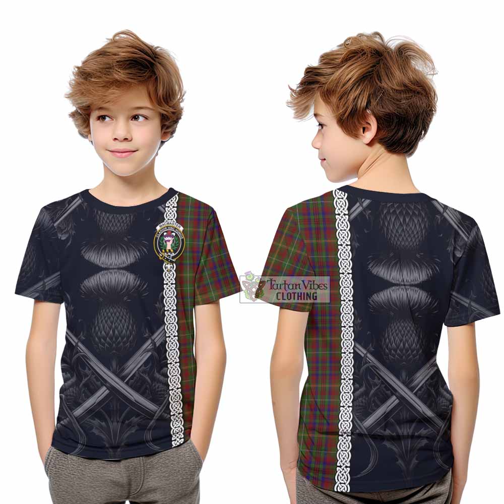 MacMaster (McMaster) Tartan Kid T-Shirt with Family Crest Cross Sword Thistle Celtic Vibes - Tartan Vibes Clothing
