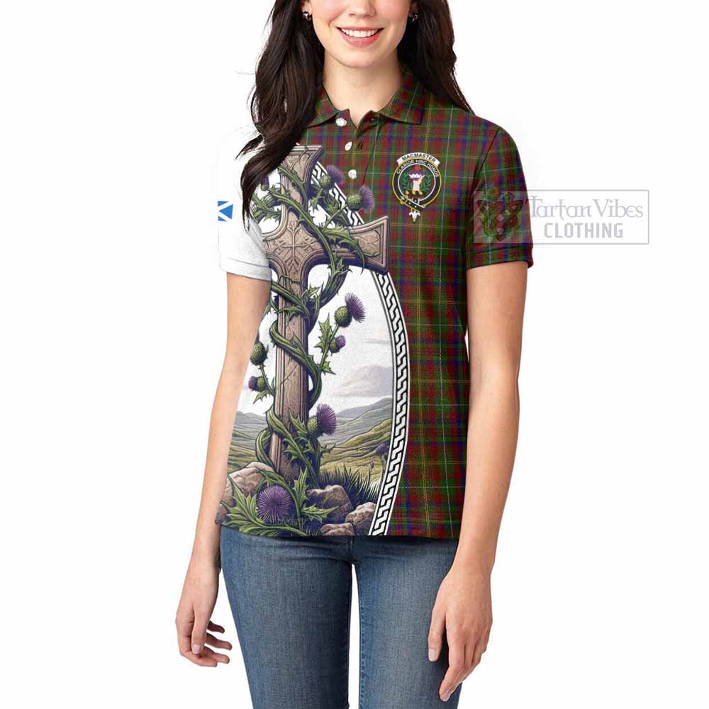 MacMaster (McMaster) Tartan Women's Polo Shirt with Family Crest and St. Andrew's Cross Accented by Thistle Vines - Tartan Vibes Clothing