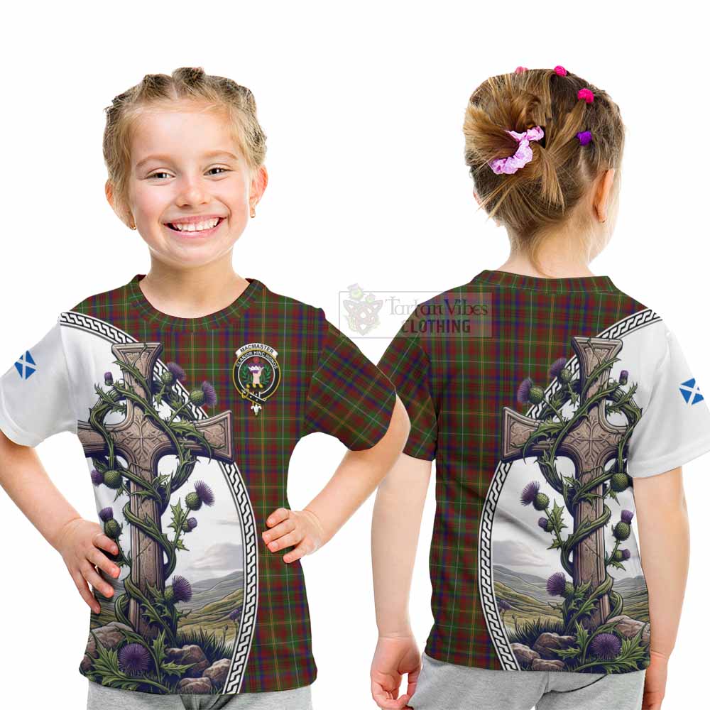 MacMaster (McMaster) Tartan Kid T-Shirt with Family Crest and St. Andrew's Cross Accented by Thistle Vines - Tartan Vibes Clothing