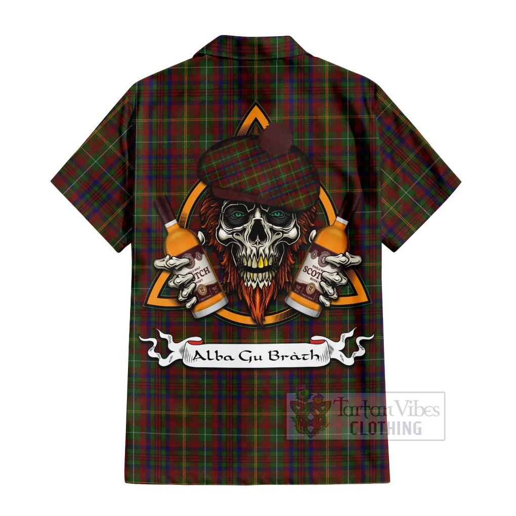 MacMaster (McMaster) Tartan Hawaiian Shirt with Family Crest and Bearded Skull Holding Bottles of Whiskey - Tartan Vibes Clothing