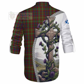 MacMaster (McMaster) Tartan Ghillie Kilt Shirt with Family Crest and St. Andrew's Cross Accented by Thistle Vines