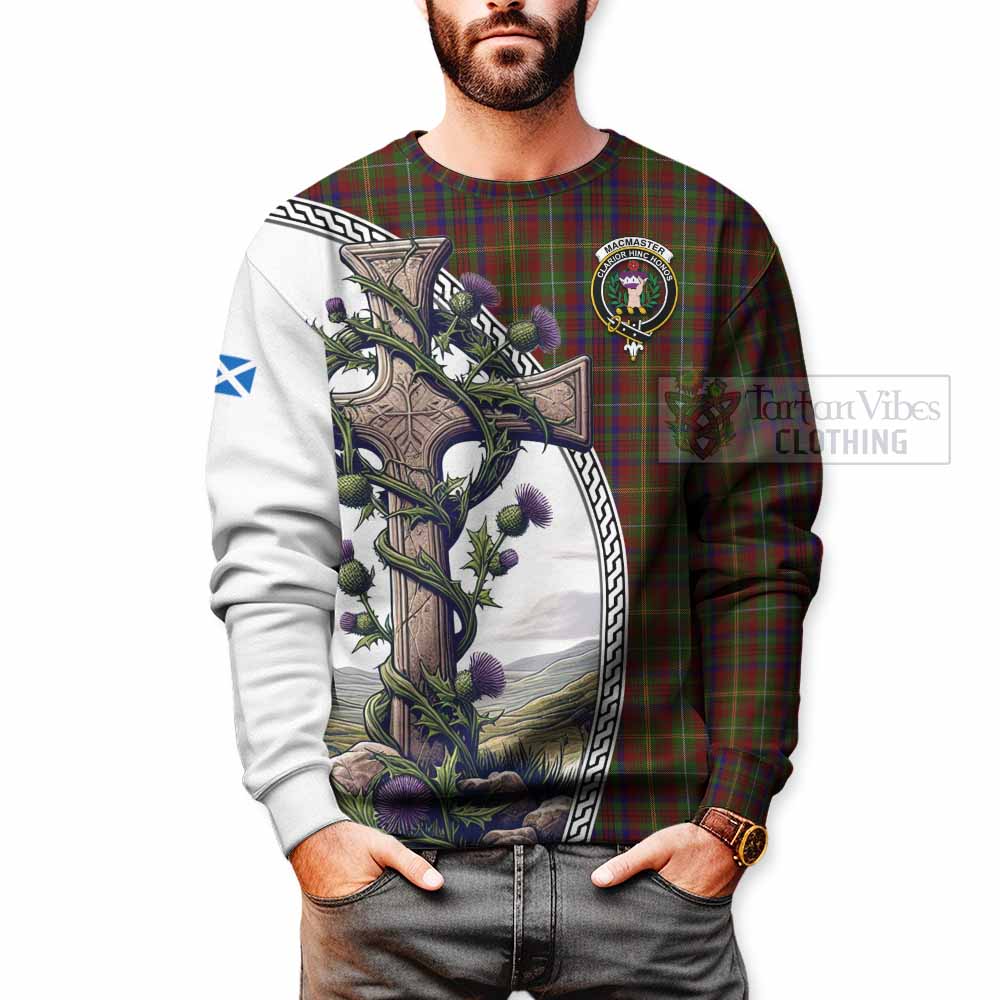 MacMaster (McMaster) Tartan Sweatshirt with Family Crest and St. Andrew's Cross Accented by Thistle Vines - Tartan Vibes Clothing